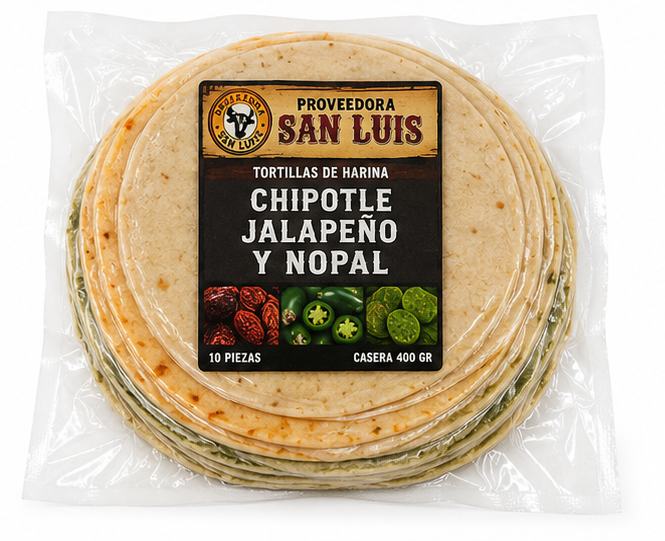 Tortilla de harina 400 GR chipotle, jalapeño y nopal